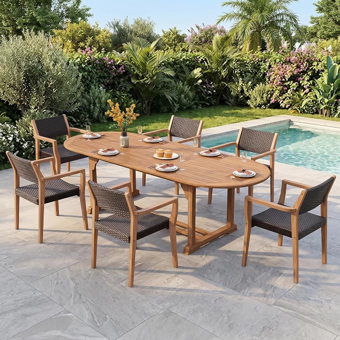 PHI VILLA Patio Acacia Wood Dining Chairs w/Wicker Back & Seat, 2PCS | Teak farmhouse armchairs for outdoor deck, porch, backyard
