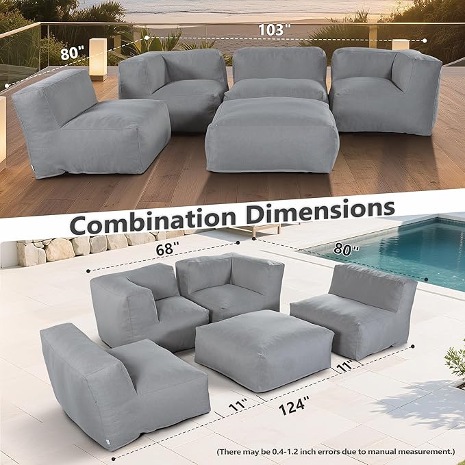 Patio Furniture Set, 5Pcs Outdoor Conversation Set with Bean Bag Middle Chairs, Corner Chair, Ottomans, Modern Foam Couch Set for Garden, Deck, Balcony (5, Deep Gray)