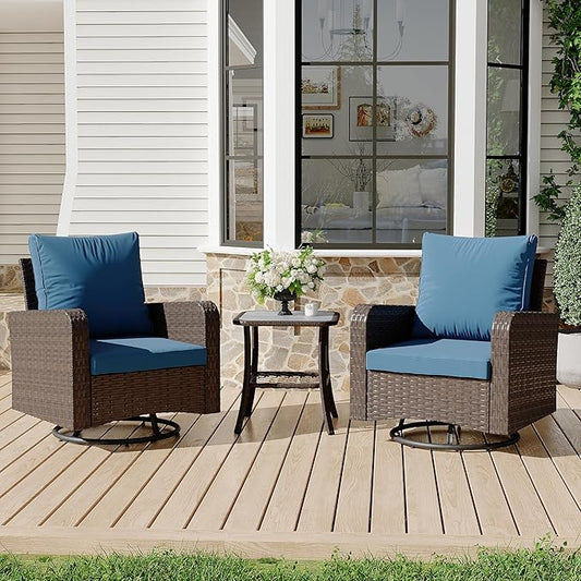 HOMREST 3 Piece Outdoor Swivel Chairs -All Weather Wicker Patio Bistro Table and Chairs Set of 2 Small Patio Furniture Set for Balcony Porch Deck Backyard (Navy)