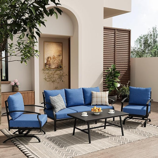 ALAULM 4 Piece Patio Furniture Set,Outdoor Metal Patio Furniture with Coffee Table & Rocking Chairs Conversation Set for Porch,Backyard,Poolside, Garden-DarkBlue