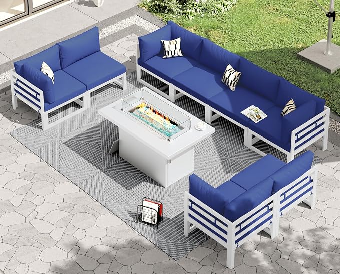RADIATA 9 Piece L Shaped Contemporary Aluminum Outdoor Furniture Set with Firepit, 29 inch Deep Wide Large Couch Set, 500 lbs High Weight Capacity Modular Patio Sectional Sofa for Exterior, Navy Blue