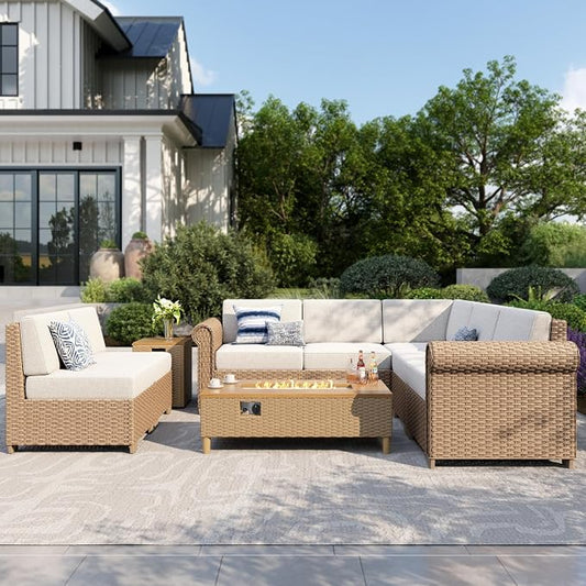 MIXPATIO Patio Furniture Set, Wicker Outdoor Furniture Sectional Sofa with Fire Pit Table, 7 Seats Patio Conversation Set with 5.5" Thick Cushion for Garden Deck Backyard, Beige