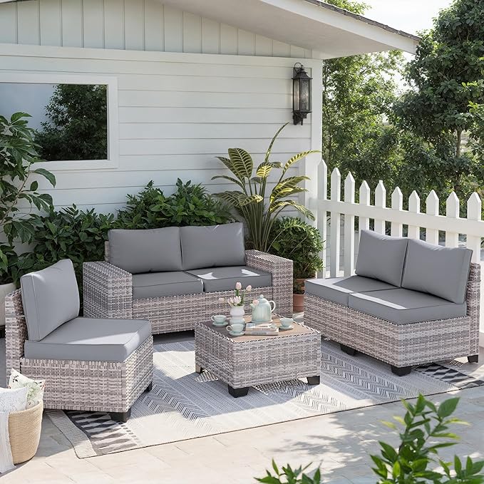 6-Piece Outdoor Patio Furniture Set Wicker Sectional Sofa Set, Patio Conversation Set with Thickened Cushions & Coffee Table for Garden, Backyard, Poolside, Grey