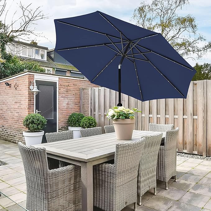 Simple Deluxe 9' Solar Umbrella 32 LED Lighted Patio Umbrella Table Market Umbrella with Push Button Tilt/Crank Outdoor Umbrella for Garden, Deck, Backyard and Pool