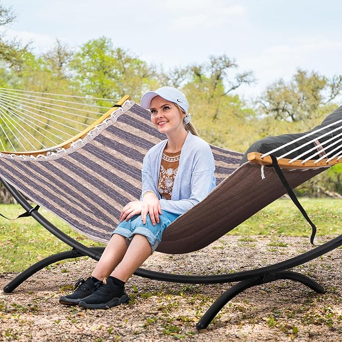 SUNCREAT Hammocks for Outside with Stand, Porch Hammock and Stand, 475 lbs Capacity, Patent Pending, Gray Stripes