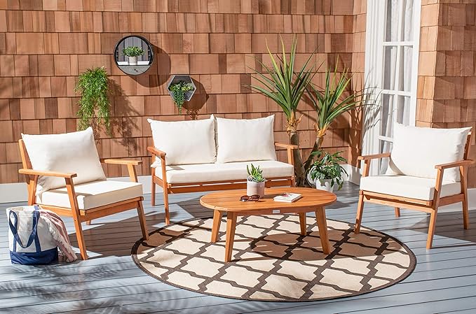 SAFAVIEH PAT7050A Collection Deacon Natural and Beige 4-Piece Outdoor Patio Set
