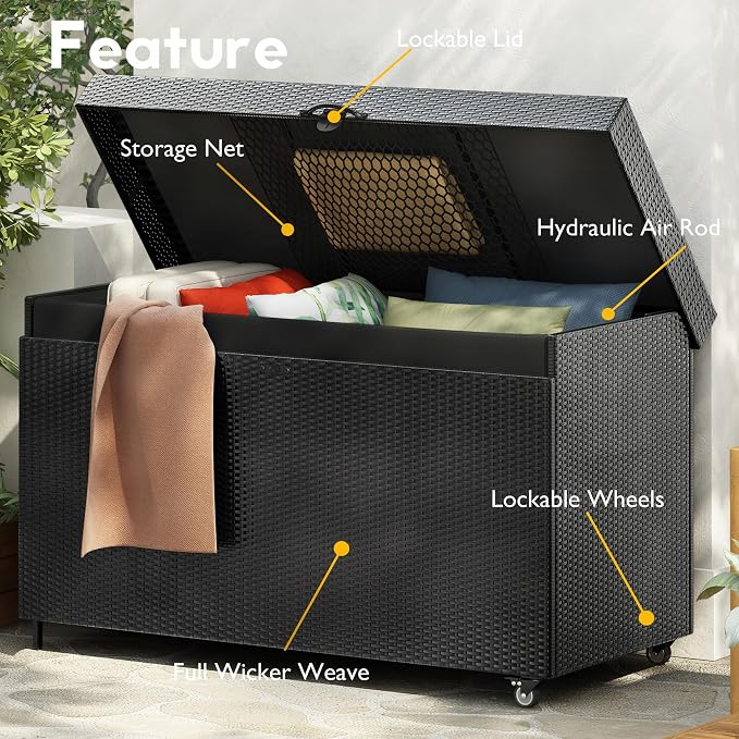 200 Gallon Wicker Deck Box with Wheels, All-Weather Outdoor Storage Box, Rattan Storage Bin for Patio Furniture, Outdoor Cushions, Pool Storage and Garden Tools - Black