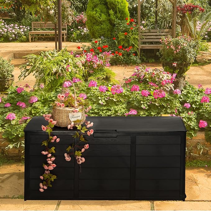 ALIMORDEN Lightweight Resin Deck Box for Patio Furniture, Pool Accessories, and Storage for Outdoor Toys, Home Organization,Black