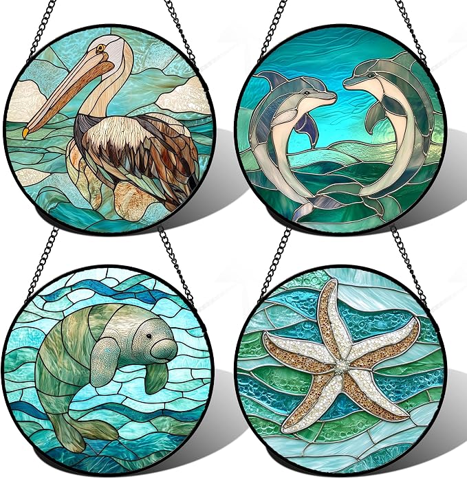 DASTOLL Stained Glass Window Hanging 4 Pcs Set Cyan Ocean Life Theme Large 11.8" - Sea Starfish Suncatcher Door Garden Sun Catcher Decor Birthday for Mom Woman Nana Men Friend
