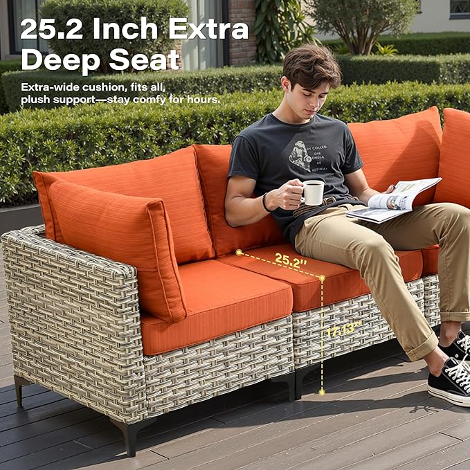 10 Pieces Outdoor Sectional Patio Furniture Set with Swivel Rocking Chairs,Wicker Conversation Sets Rattan L Shaped Couch,Modular Outdoor Sofa for Porch Balcony Backyard Orange