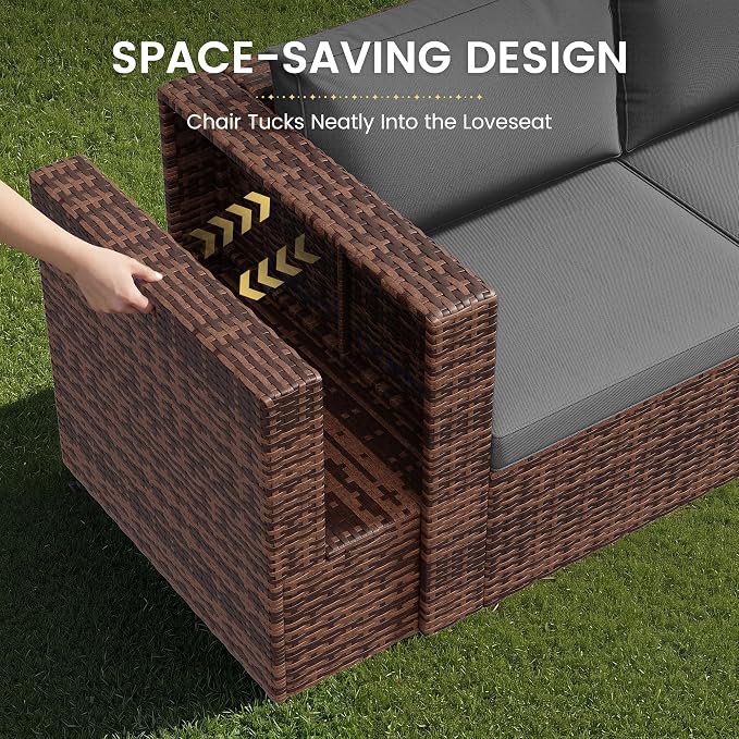Amopatio Patio Furniture Set,All-Weather Wicker Outdoor Conversation Set with Glass Coffee Table, Cushions & Ottomans for Deck Backyard Porch Lawn Brown/Grey