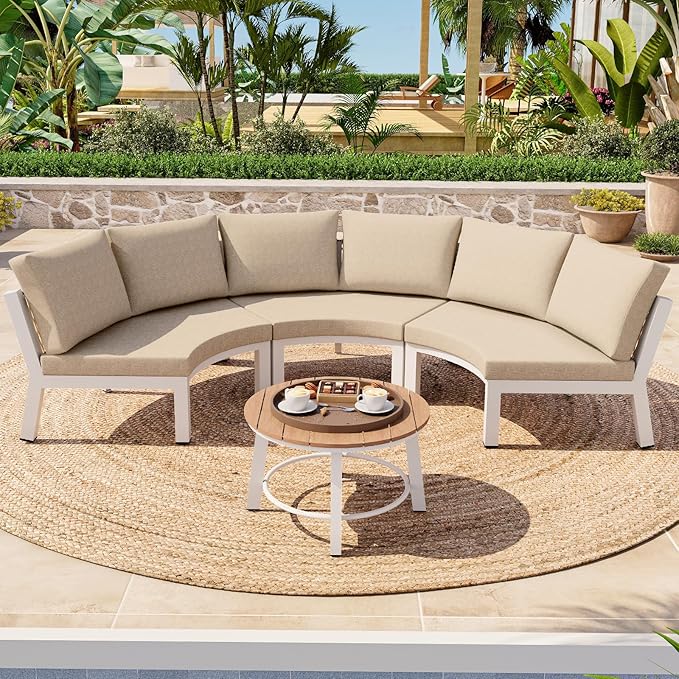Patio Furniture Set, Aluminum Half-Moon Patio Conversation Sets, Luxury Curved Sofa with PE Rope, All-Weather 4 Piece Outdoor Sectional with Modular Coffee Table & Cushions, White