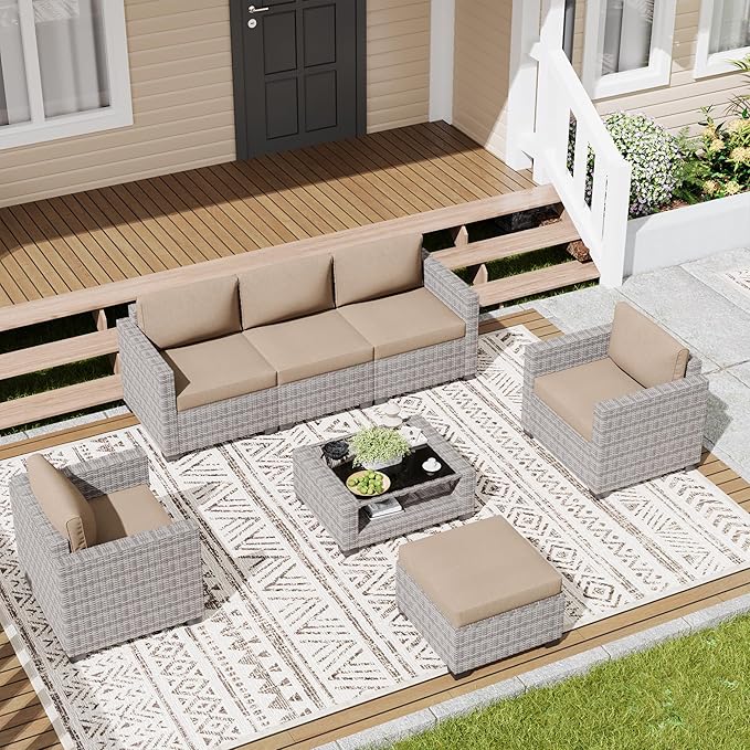 LOUVIXA 7 Piece Outdoor Patio Furniture Set, Rattan Chairs Glass Table Wicker Conversation Seating Sectional Sofa with Cushions (Grey White-Camel, 7Pcs-2 Layer Coffee Table)