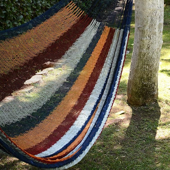 NOVICA Blue Yellow White Striped Hand Woven Nylon Mayan 1 Person Rope Hammock with Hanging Accessories, 'Durango' (Single)