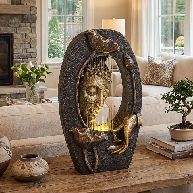 TERESA'S COLLECTIONS Water Fountain Outdoor with LED Light and Pump for Garden Decor,Floor Buddha Statue Resin with Waterfalls,Tall Zen Garden Statues for Yard Decor Housewarming Gifts for Mom 12.6"