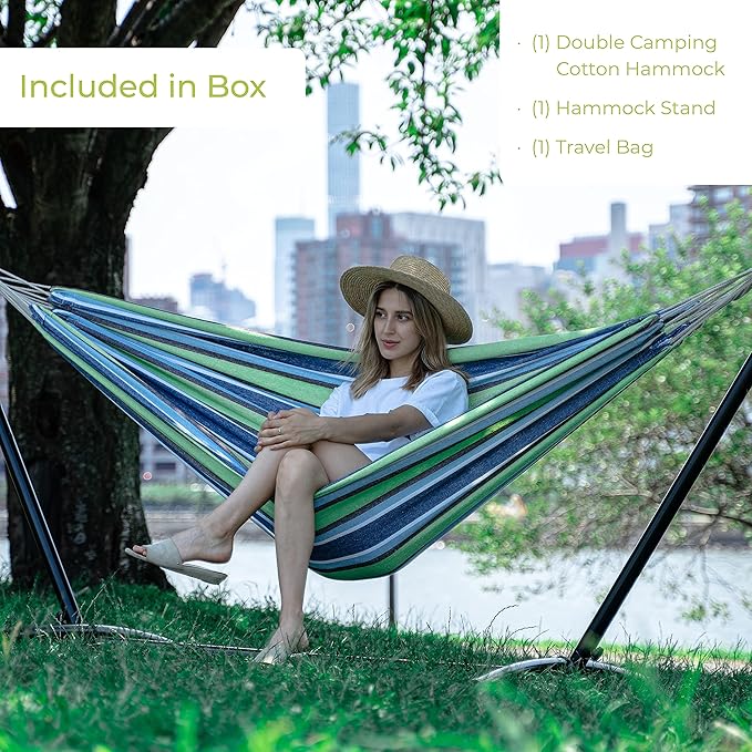 Backyard Expressions Double Camping Hammock with Steel Stand & Carrying Bag, Adjustable Height, Ultra Soft Cotton Blend, 550 lb Capacity, Indoor & Outdoor Portable Hammock