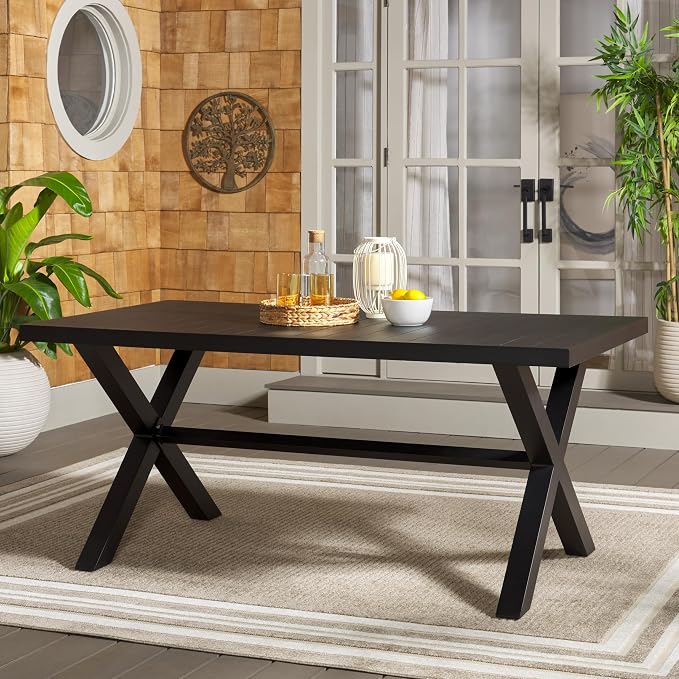 SAFAVIEH Outdoor Collection Core Black Slatted Top Dining Table