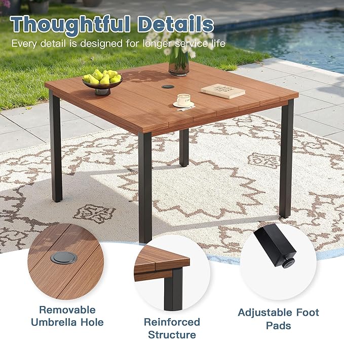 DIFY 5 Piece Outdoor Patio Dining Set for 4, 40.2" Walnut Square Metal Dining Table and Swivel Patio Chairs with Brown Padded Textilene, All-Weather Outdoor Furniture Set for Garden Backyard Porch