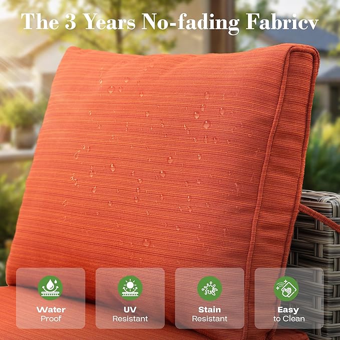 9 Pcs Patio Furniture with Fire Pit Table, Outdoor Rattan Wicker Conversation Set with Glowing Coffee Table, Comfy Sectional Sofa for Porch Balcony Backyard Pool, Orange