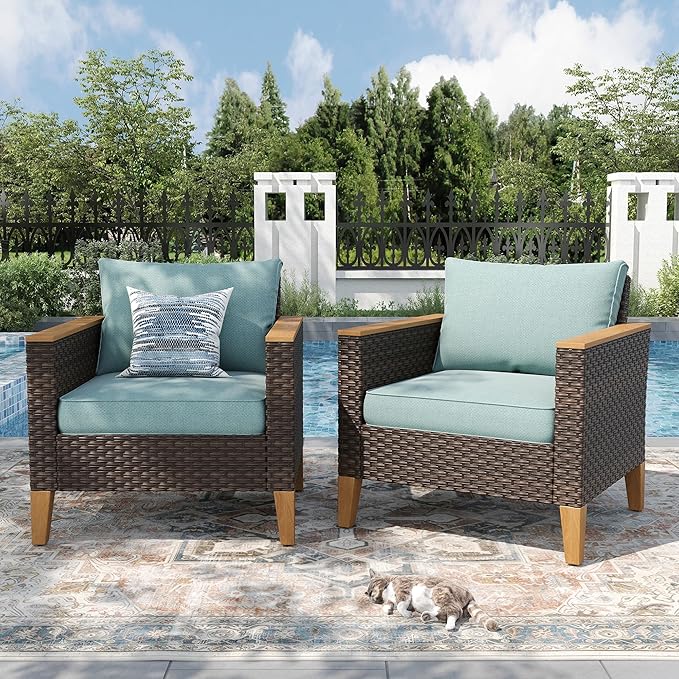 PHI VILLA Wicker Patio Furniture Sofa Set, 2 Seats Rattan Sofa with Deep Seating for Poolside, Garden 2 x Single Sofa, Aqua Blue