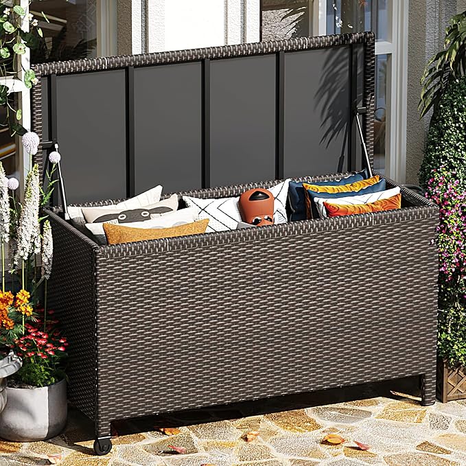 185-Gallon Outdoor Deck Box with Wheels, Waterproof PE Rattan & Aluminum Frame Storage Bin, Lockable Patio Furniture Chest for Cushions, Garden Tools, Pool Toys, Brown
