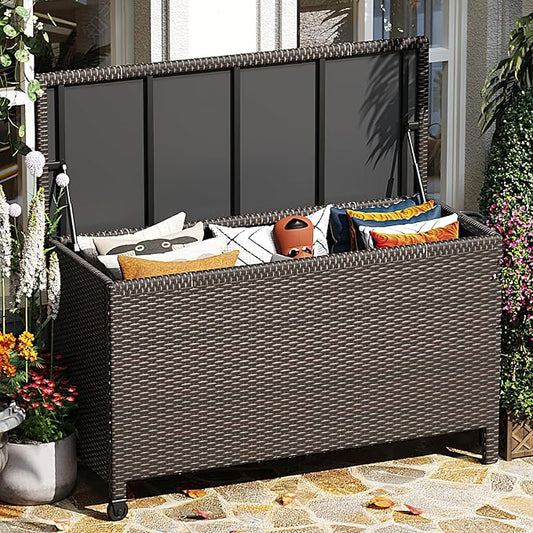 185-Gallon Outdoor Deck Box with Wheels, Waterproof PE Rattan & Aluminum Frame Storage Bin, Lockable Patio Furniture Chest for Cushions, Garden Tools, Pool Toys, Brown