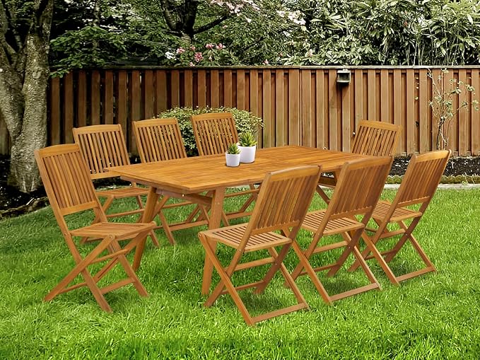 East West Furniture DECM9CWNA 9 Piece Patio Dining Set Includes a Rectangle Outdoor Acacia Wood Table and 8 Folding Side Chairs, 40x72 Inch, Natural Oil