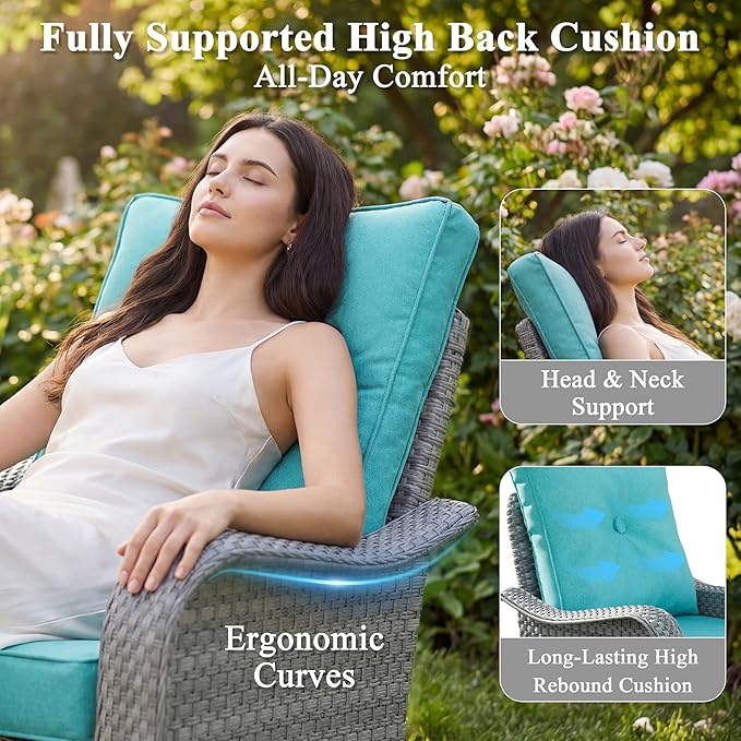 13 Piece Wicker Patio Furniture Set with 55,000 BTU Fire Pit Table, Swivel Rocking Chairs, 4''Cushions, PE Rattan, Wind Guard Glass, for Backyard, Deck or Balcony, Blue