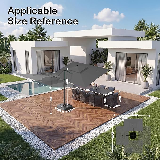 9x12 FT Patio Umbrella with Weighted Base and LED Lights Cantilever Outdoor Large Heavy Duty Rectangle Aluminum Offset Umbrellas Double Top 360 Rotation for Pool Deck Garden, Grey