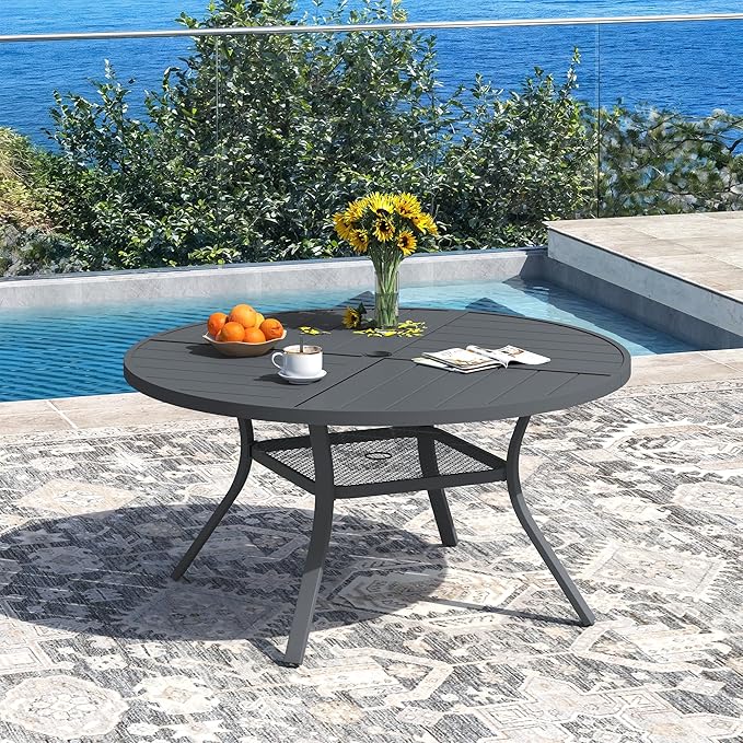 DIFY Patio Dining Set for 6, 7 Piece Outdoor Table and Chairs Set, 47.2" Round Metal Patio Dining Table and 6 Textilene Stackable Patio Chairs, for Backyard Garden Poolside, Grey