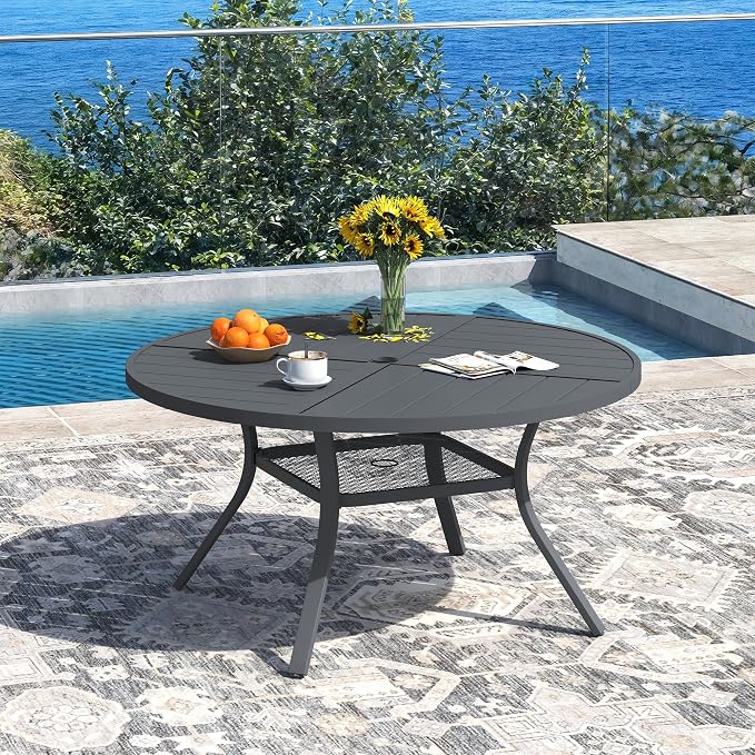 DIFY 7 Piece Outdoor Patio Dining Set for 6, 47.2" Round Dining Table with Umbrella Hole and Stackable Metal Chairs, Patio Table and Chairs Set for Backyard Garden Poolside, Grey