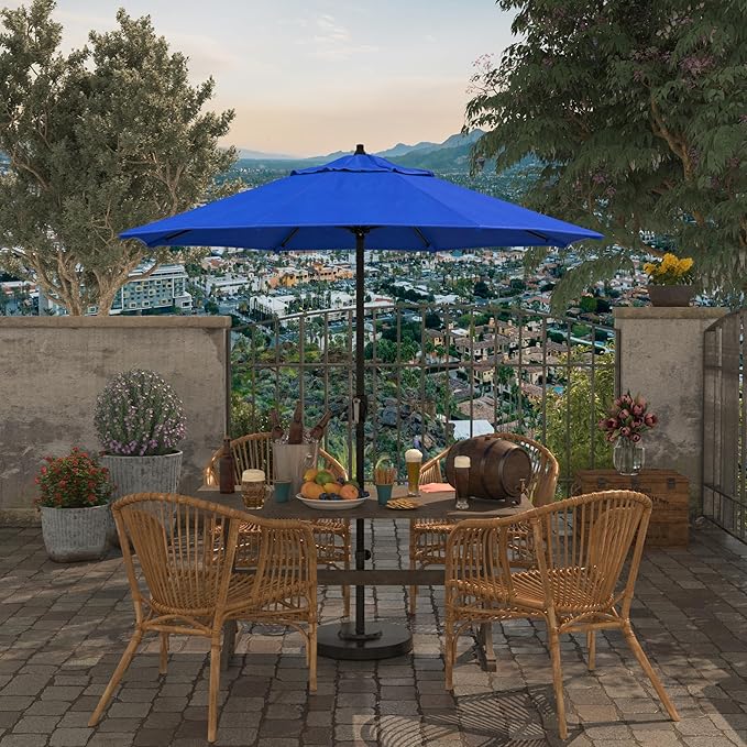 California Umbrella 7.5' Rd Aluminum Patio Umbrella, Crank Lift, Auto Tilt, Black Finish, Royal Blue