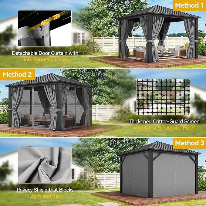 DWVO 10x10ft Hardtop Gazebo with Nettings and Curtains, Heavy Duty Galvanized Steel Outdoor Vertical Stripes Roof for Patio, Backyard, Deck, Lawns, Grey