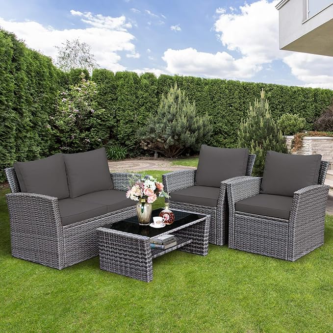 COSTWAY 4 Pieces Patio Rattan Furniture Set, Outdoor Wicker Sofa Set with Tempered Glass Coffee Table, Cushions, All Weather Rattan Conversation Set for Yard Balcony Backyard Pool (Grey)