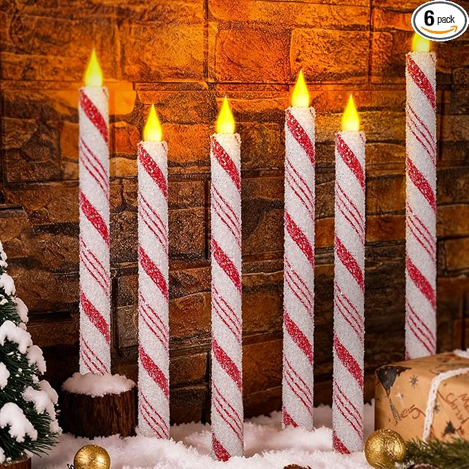 6PCS Christmas Candy Cane Flameless Taper Candles, Candy Cane Candlesticks Red and White Stripes Sea Salt Real Wax Flickering LED Battery Operated Candles for Xmas Centerpiece Decor Home Decoration