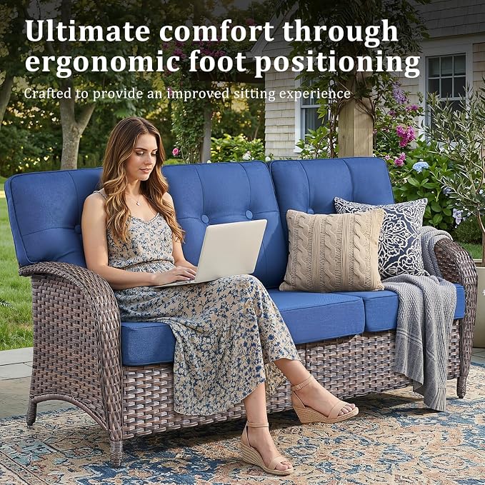 4-Piece Luxury Patio Furniture Set with Fire Pit Table, Weather Resistant Rattan High Back Swivel Rocker Chairs Senior Friendly Conversation Set for Small Porch Deck Sunroom Brown/Blue