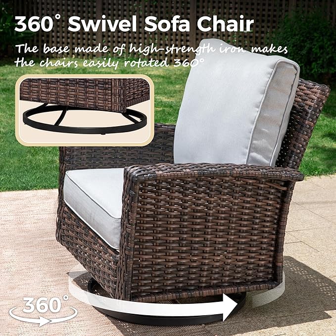 Outdoor Swivel Patio Chairs Set of 2 with Side Table, 3 Piece Wicker Highback Patio Bistro Set with Cushions for Deck Porch and Yard, Light Grey