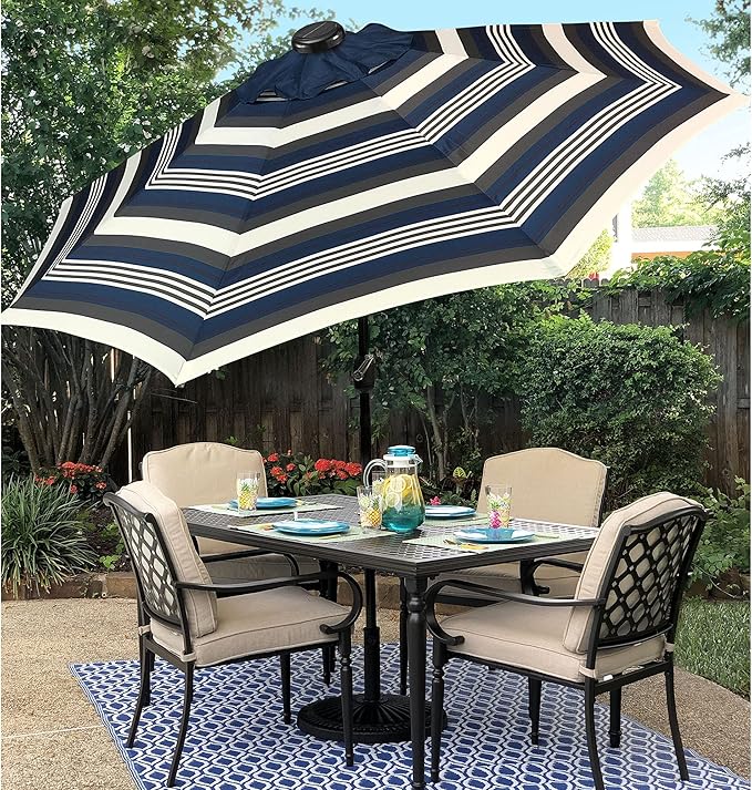 9' Round Patio Umbrella with 32 Solar Powered LED Lights, Push-Button Tilt and Hand Crank Lift, Solar Lighted Umbrella in Navy Stripe for Patio, Porch, and Backyard by Sun-Ray