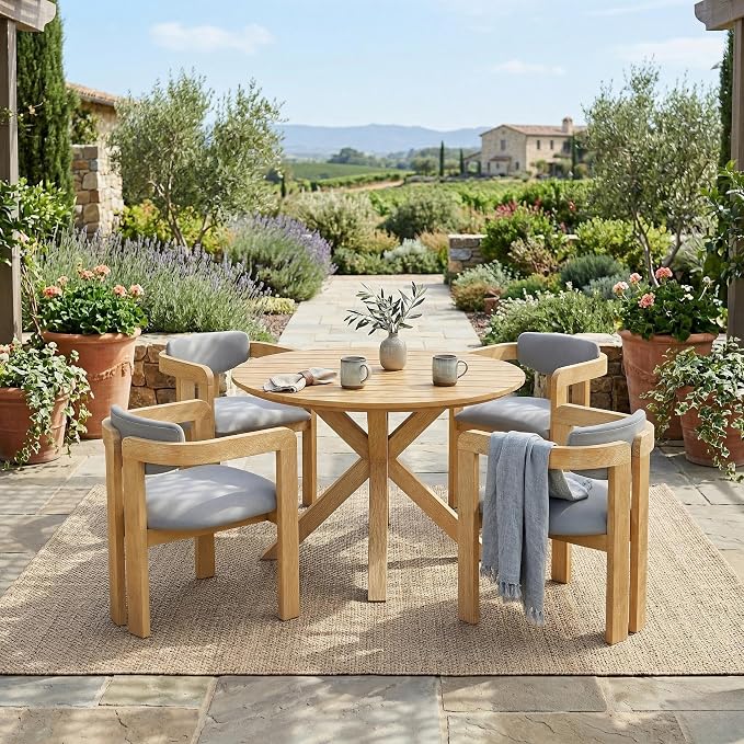 Christopher Knight Home Katy Modern 5 Piece Outdoor Dining Set, Round Dining Table Set for 4 with Chairs, Acacia Wood Patio Furniture Set with Barrel Chairs and Seat & Back Cushions, Grey+Natural
