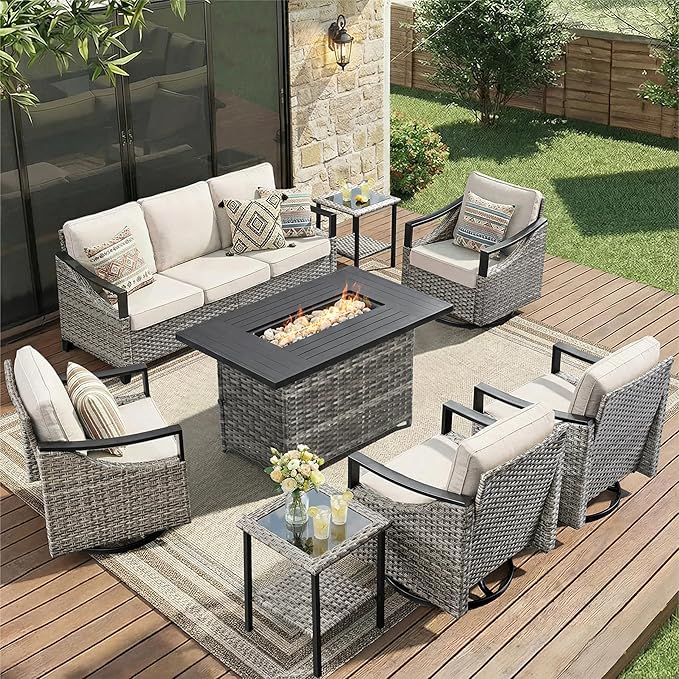 Patio Furniture Set with 42.5" Fire Pit Table-8 Pieces All Weather Wicker Outdoor Furniture with High Back Swivel Patio Chairs Set of 4 Outdoor Patio Conversation for Deck Garden Beige/Gray