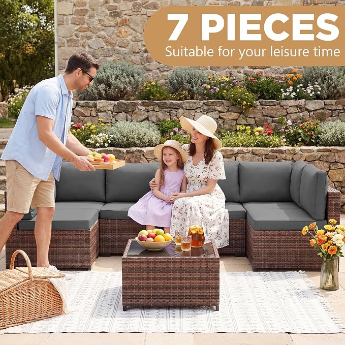 LHBcraft 7 Pieces Outdoor Wicker Rattan Patio Furniture, Wicker Rattan Outdoor Sectional Sofa Set with Coffee Table & Grey Cushions for Garden