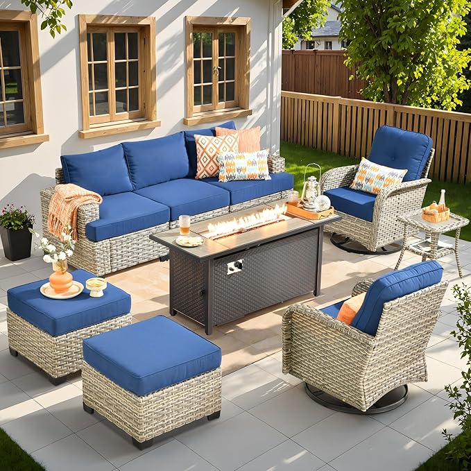 9 Pcs Outdoor Sectional Patio Furniture Set with Fire Pit Table and Swivel Rocking Chairs - All Weather Wicker Modular Outside Sectional Sofa Couch,Patio Seating Outdoor Conversation Sets,Navy Blue