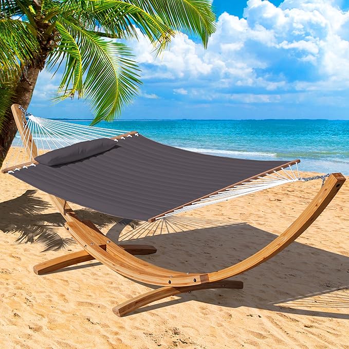 Lazy Daze Hammocks 12 FT Double Quilted Fabric Hammock and 13 FT Natural Wood Arc Stand, with Spreader Bar, Removable Pillow, 2 Person Hammock for Poolside Outdoor Patio, 450 lbs Capacity, Dark Gray