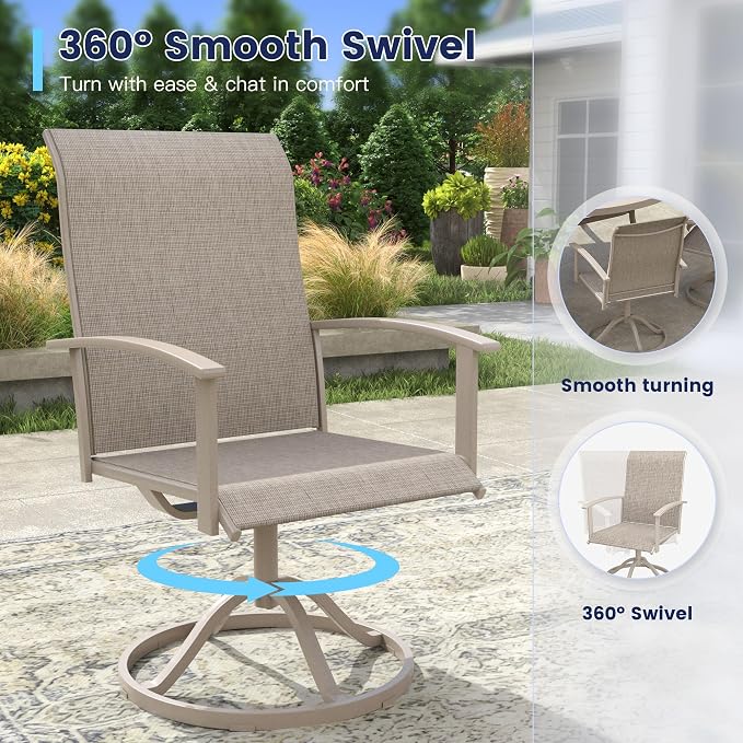 VICLLAX Outdoor Table and Chairs Set for 6, Patio Dining Set of 50 Metal Round Patio Table with Umbrella Hole & 6 Swivel Outdoor Dining Chairs for Backyard Lawn, Sandshell