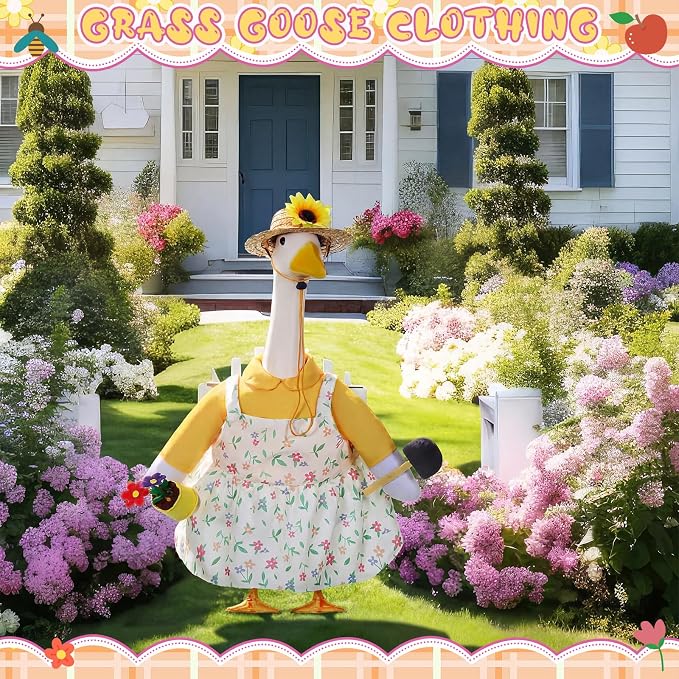 FuWeave Summer Goose Outfit Flower Porch Goose Clothes for 17" Statue Outdoor Patio Yard Lawn Art Decoration (Floral Overalls)