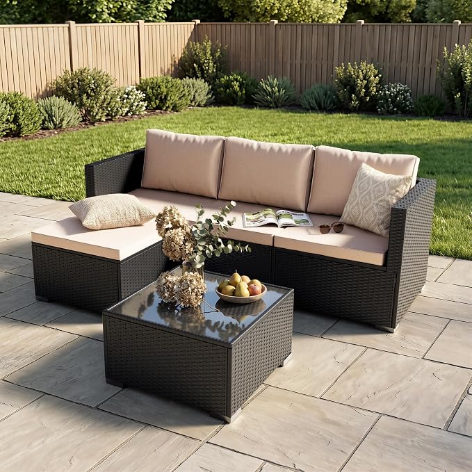 Patio Furniture Set - All-Weather -5 Piece Outdoor Patio Conversation Couch Sets, Modular Wicker Rattan Sectional Sofa for Garden, Patio, Poolside, Backyard, Balcony, Porch,Khaki