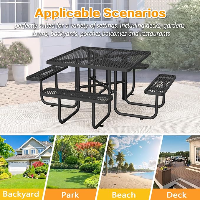 46'' Heavy Duty Outdoor Picnic Table - Commercial Grade Square Steel Picnic Table Set, Umbrella Hole, Rust-Resistant Metal Mesh Tabletop for Patio, Garden, Park, BBQ - Black