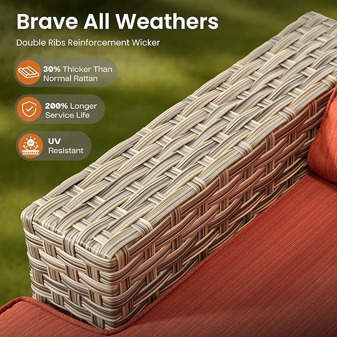 ovios 9 Piece Patio Sectional Furniture with Swivel Rocking Chairs, Rattan Wicker Coversation Couch Set, Outdoor Sofa Set for Outside Porch Balcony Backyard Pool, Orange