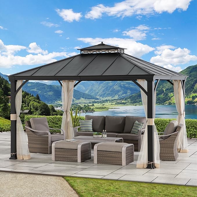 Sunjoy Hardtop Gazebo 11 x 13 ft. Outdoor Patio Black Metal Gazebo with Double Tiered, Ceiling Hook and Mesh Netting, Black