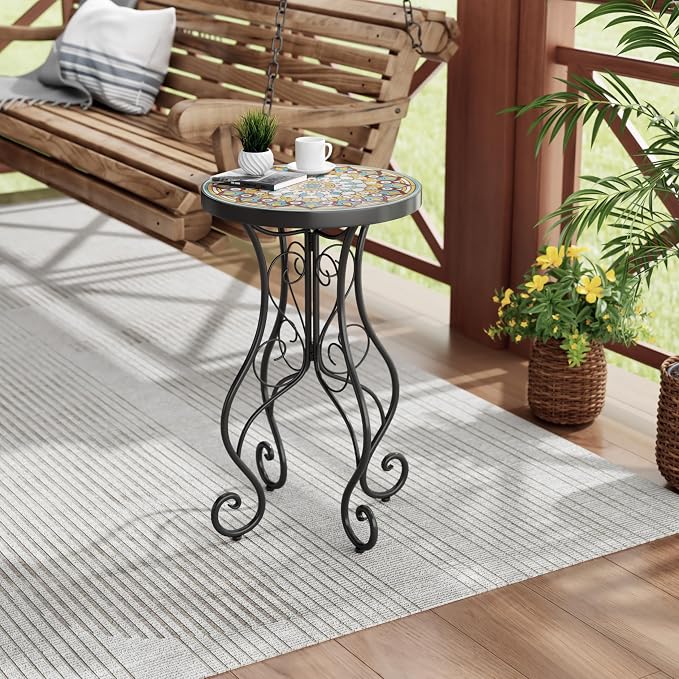 Christopher Knight Home Glady Outdoor Round Side Table, Patio Bistro Table with Ceramic Top and Metal Frame, Small Decorative Accent Table for Patio Garden Porch Balcony, Mandala